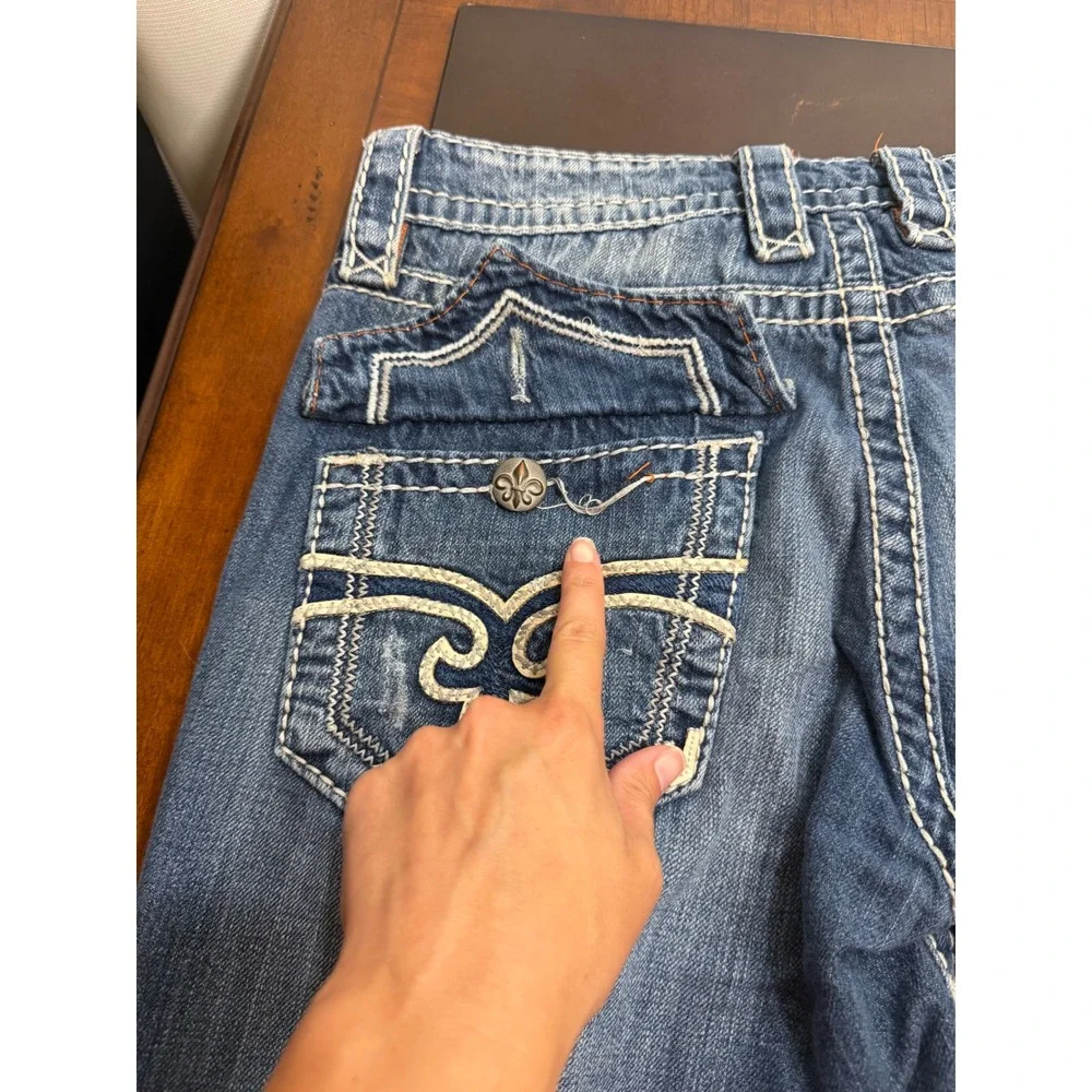 Rock Revival Mens Bootcut Jeans Size 34 Flap Pocket Thick Stitch Blue Y2K